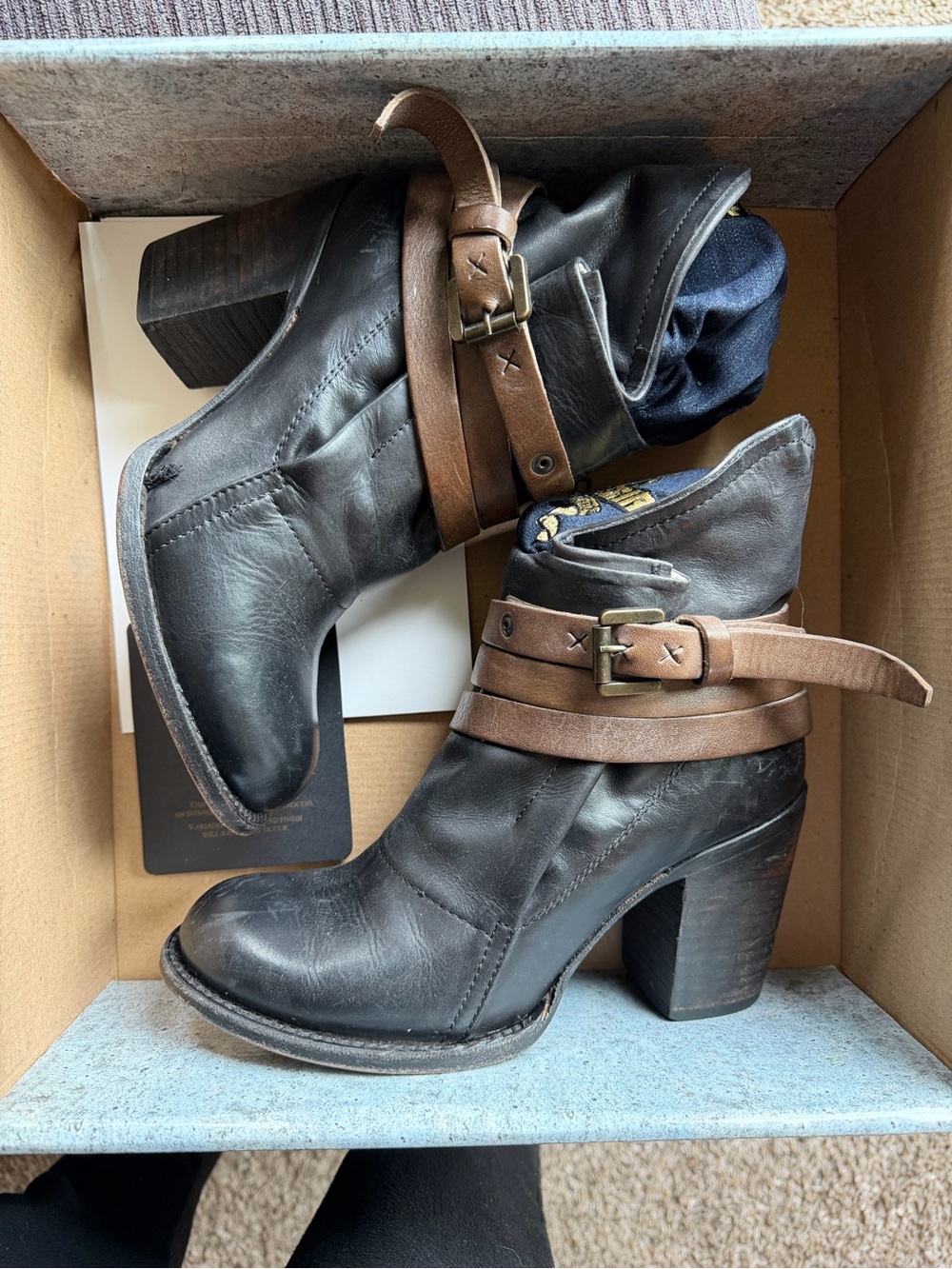 Freebird by Steven Blaze Style. Black Leather Ankle Boots with Brown Wrap Strap